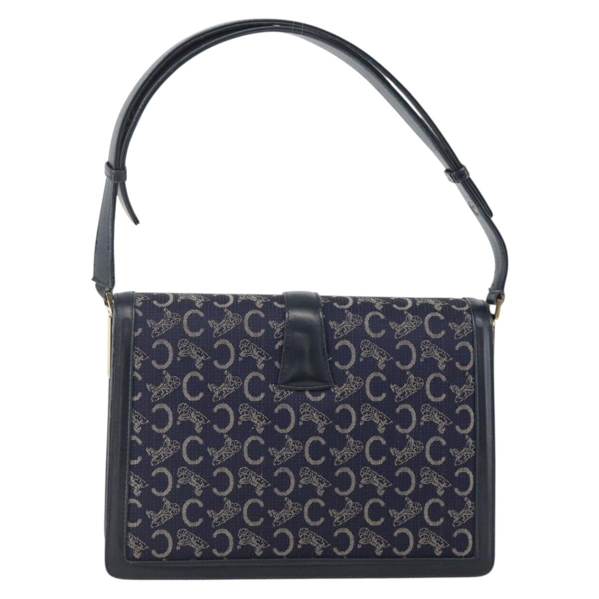 CELINE C Sulky Shoulder Bag Canvas Navy Gold Auth ka3383