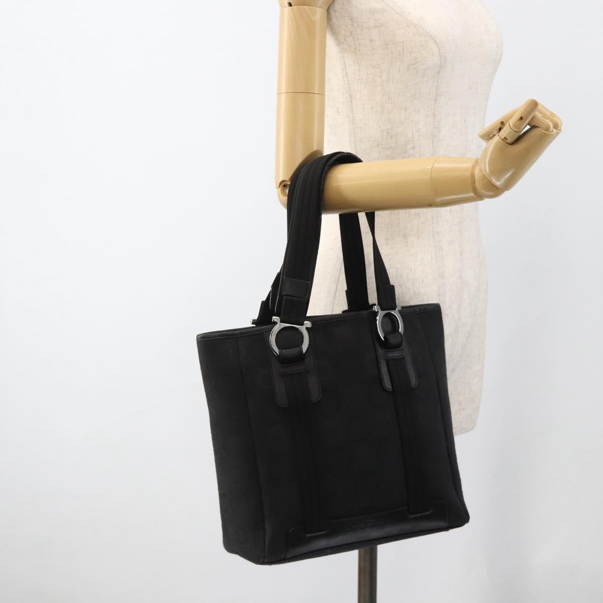 Salvatore Ferragamo Gancini Tote Bag Canvas Black Silver Auth ka3385