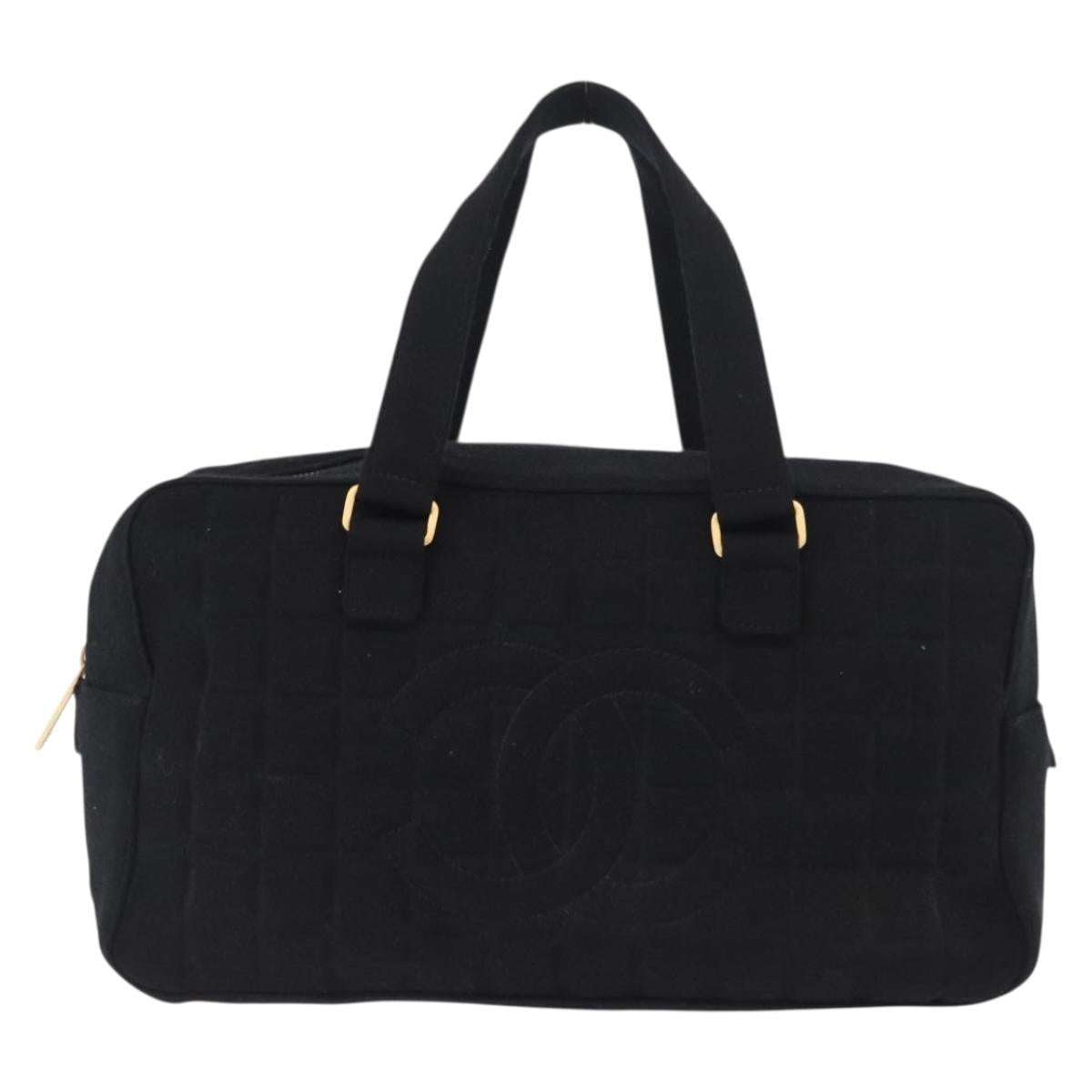 CHANEL Choco Bar Hand Bag cotton Black Gold CC Auth ka339