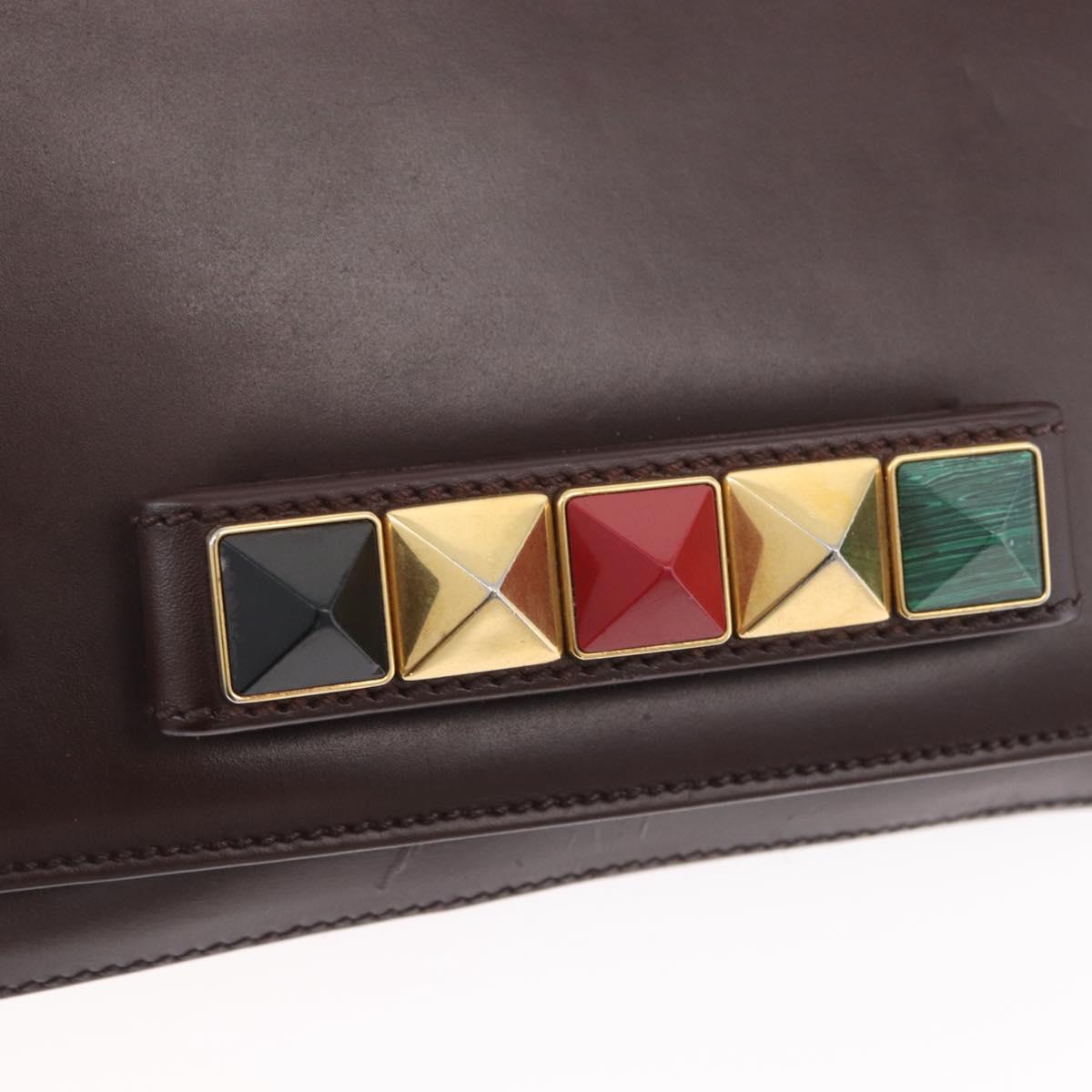 VALENTINO Chain Shoulder Bag Leather Brown Gold Auth ka3408A
