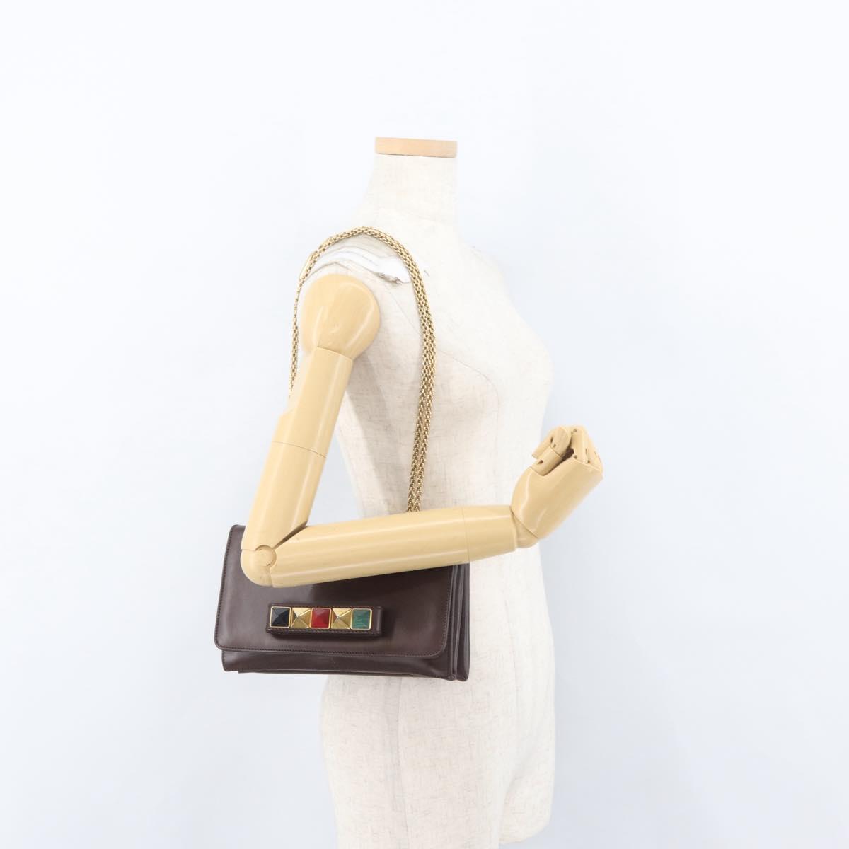 VALENTINO Chain Shoulder Bag Leather Brown Gold Auth ka3408A