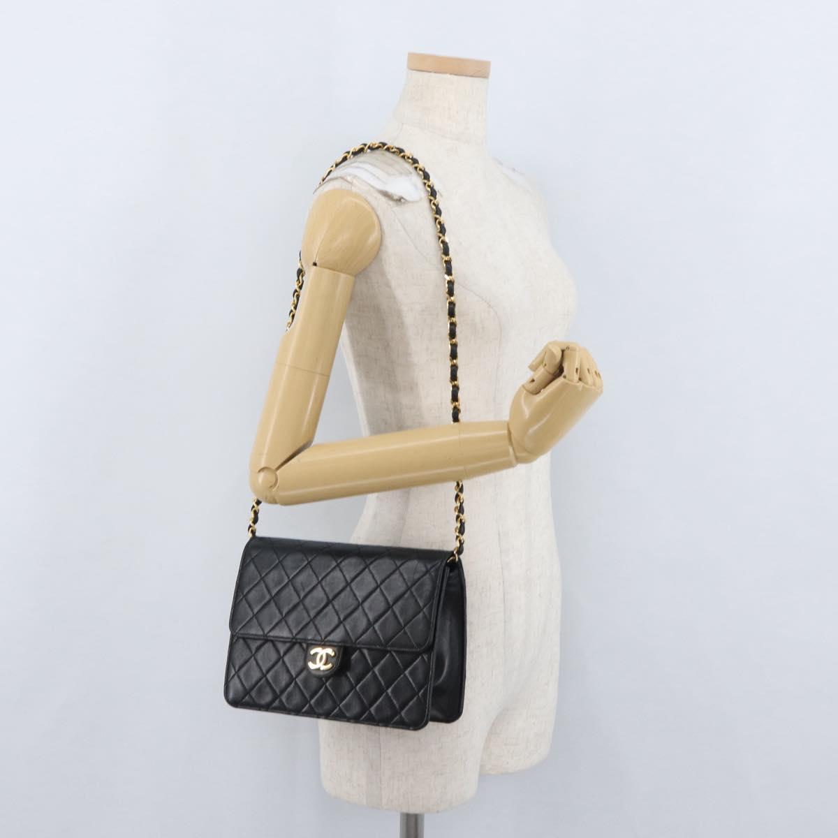 CHANEL Chain Matelasse Shoulder Bag Lamb Skin Black Gold CC Auth ka3415SAV