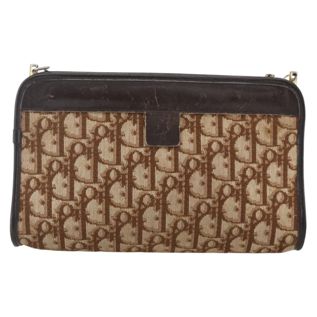 Christian Dior Trotter Canvas Chain Shoulder Bag Brown Gold Auth ka3467