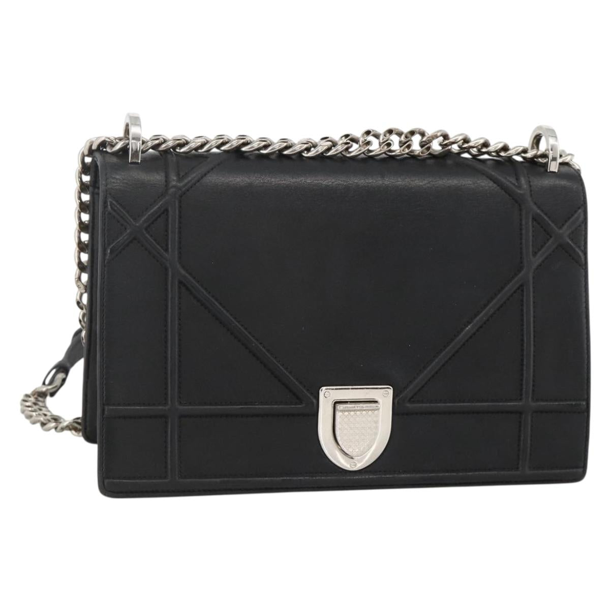 Christian Dior Chain Diorama Shoulder Bag Leather Black Silver Auth ka3476A