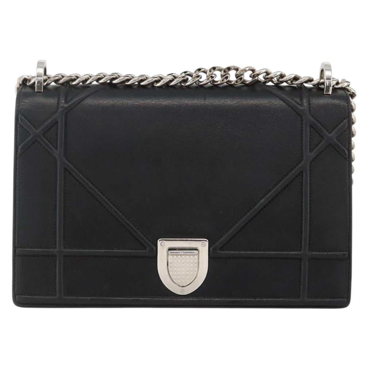 Christian Dior Chain Diorama Shoulder Bag Leather Black Silver Auth ka3476A