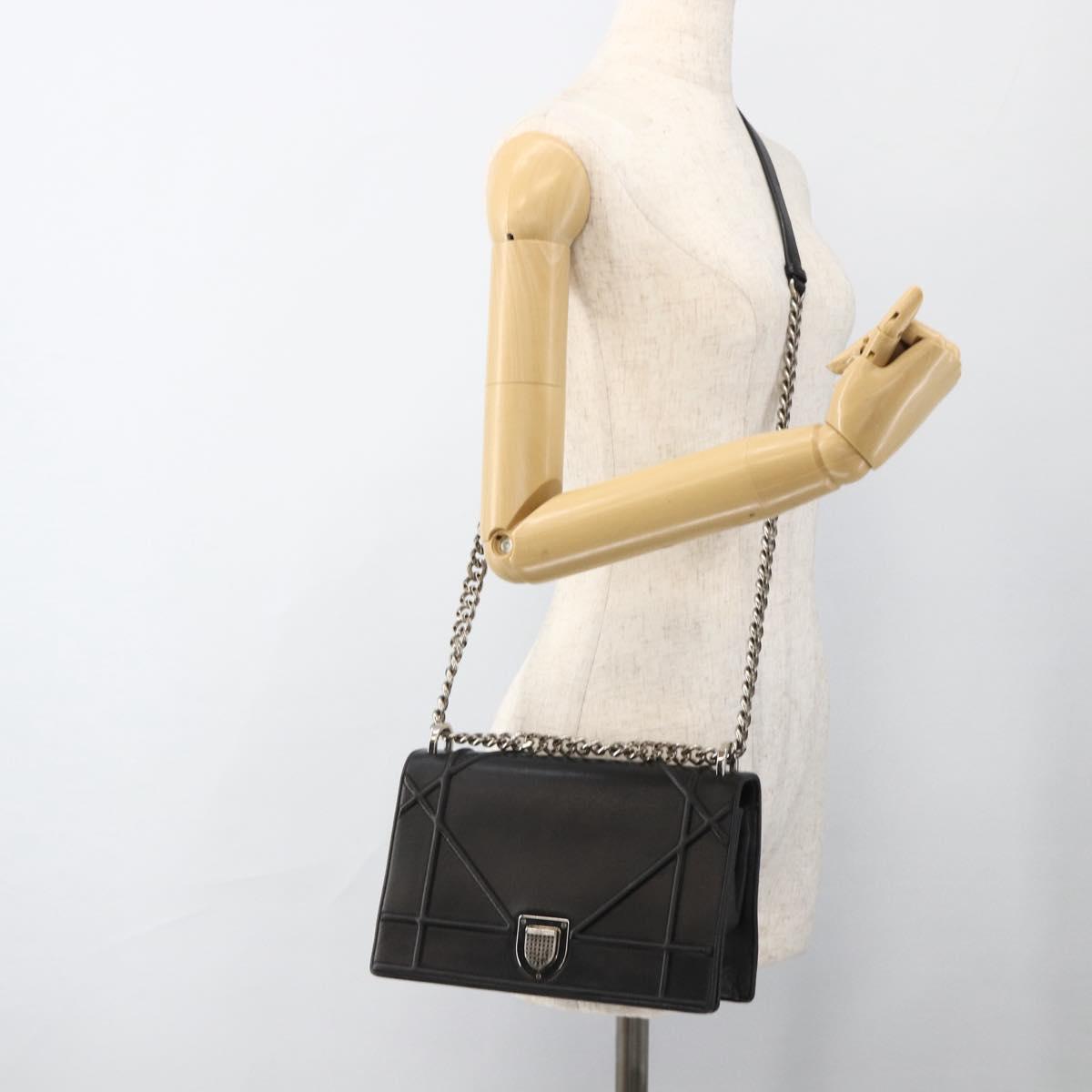 Christian Dior Chain Diorama Shoulder Bag Leather Black Silver Auth ka3476A