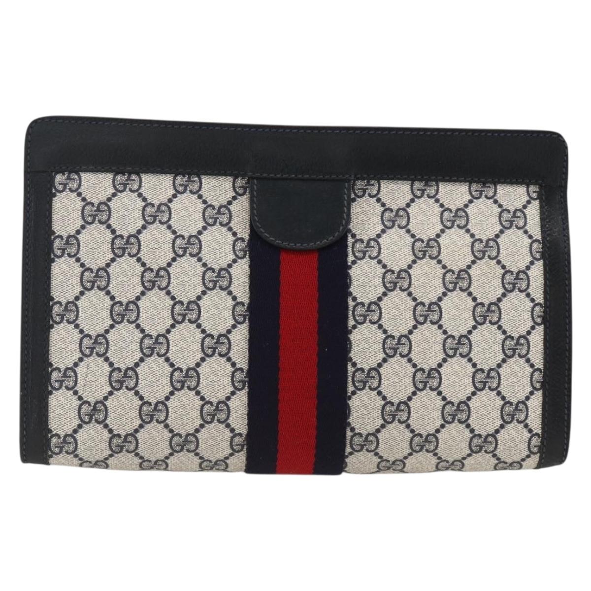 GUCCI GG Supreme Sherry Line Clutch Bag PVC Navy Red 89 01 002 Auth ka3487