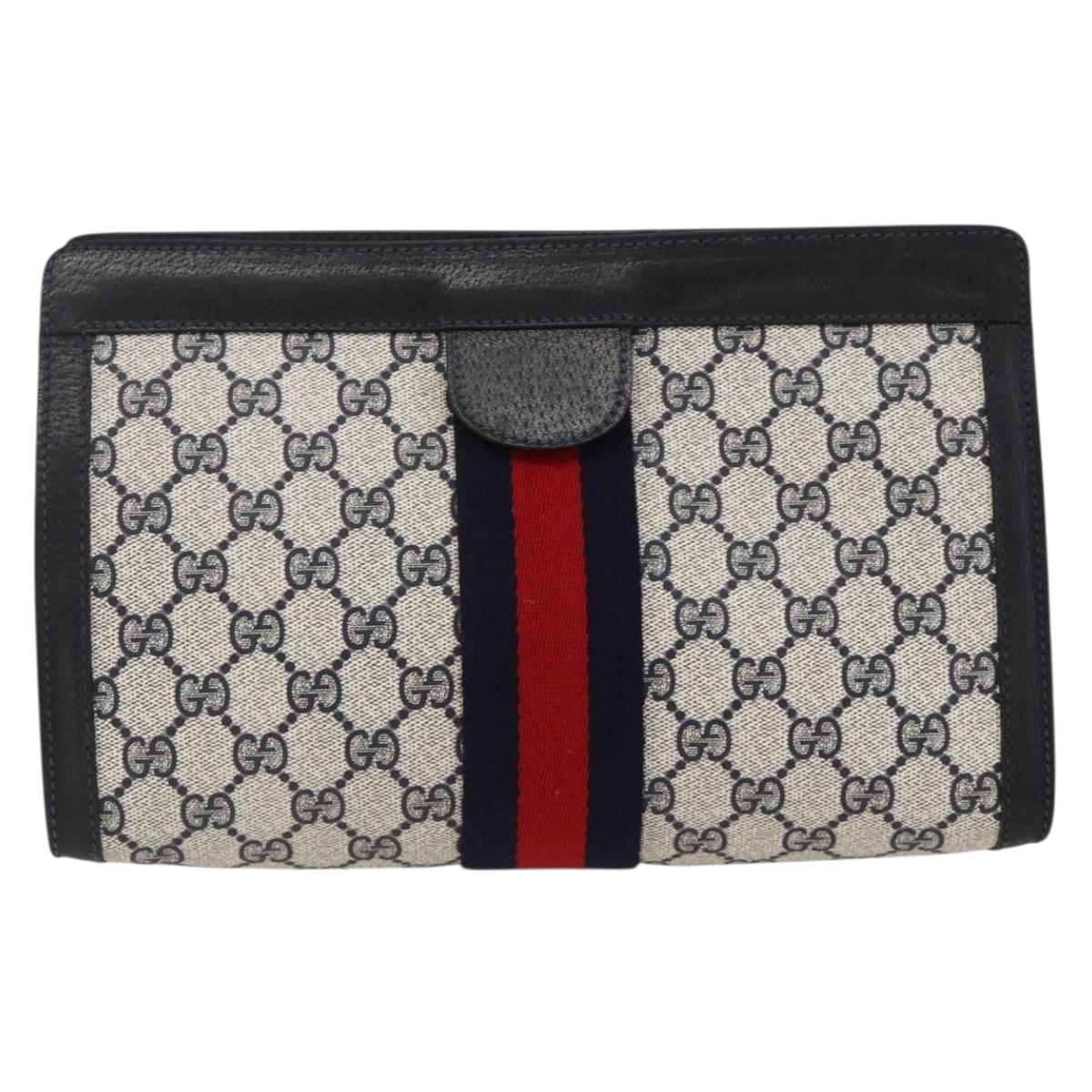 GUCCI GG Supreme Sherry Line Clutch Bag PVC Navy Red 89 01 002 Auth ka3487