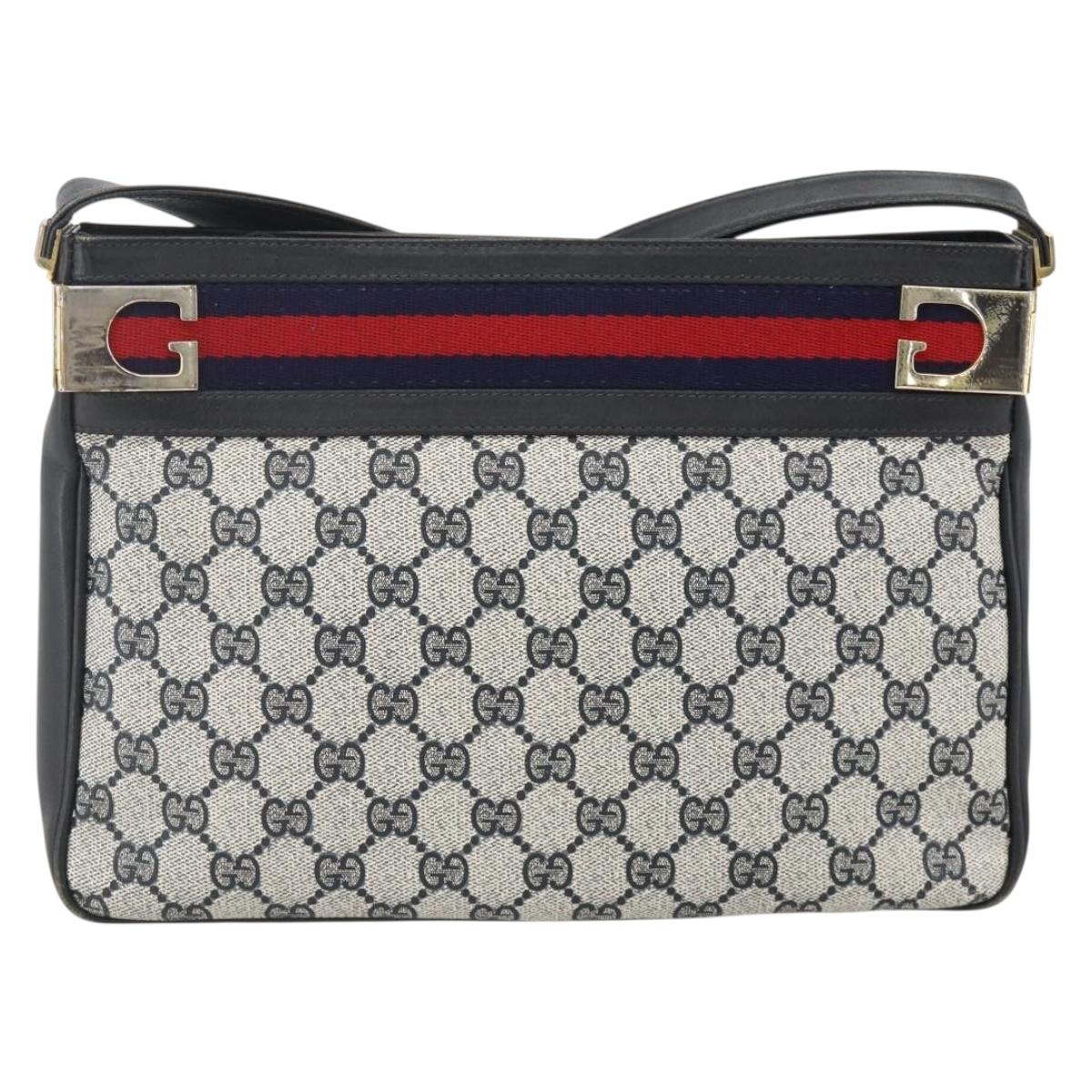 GUCCI Sherry Line GG Supreme Shoulder Bag PVC Navy Gold Red Auth ka3504A