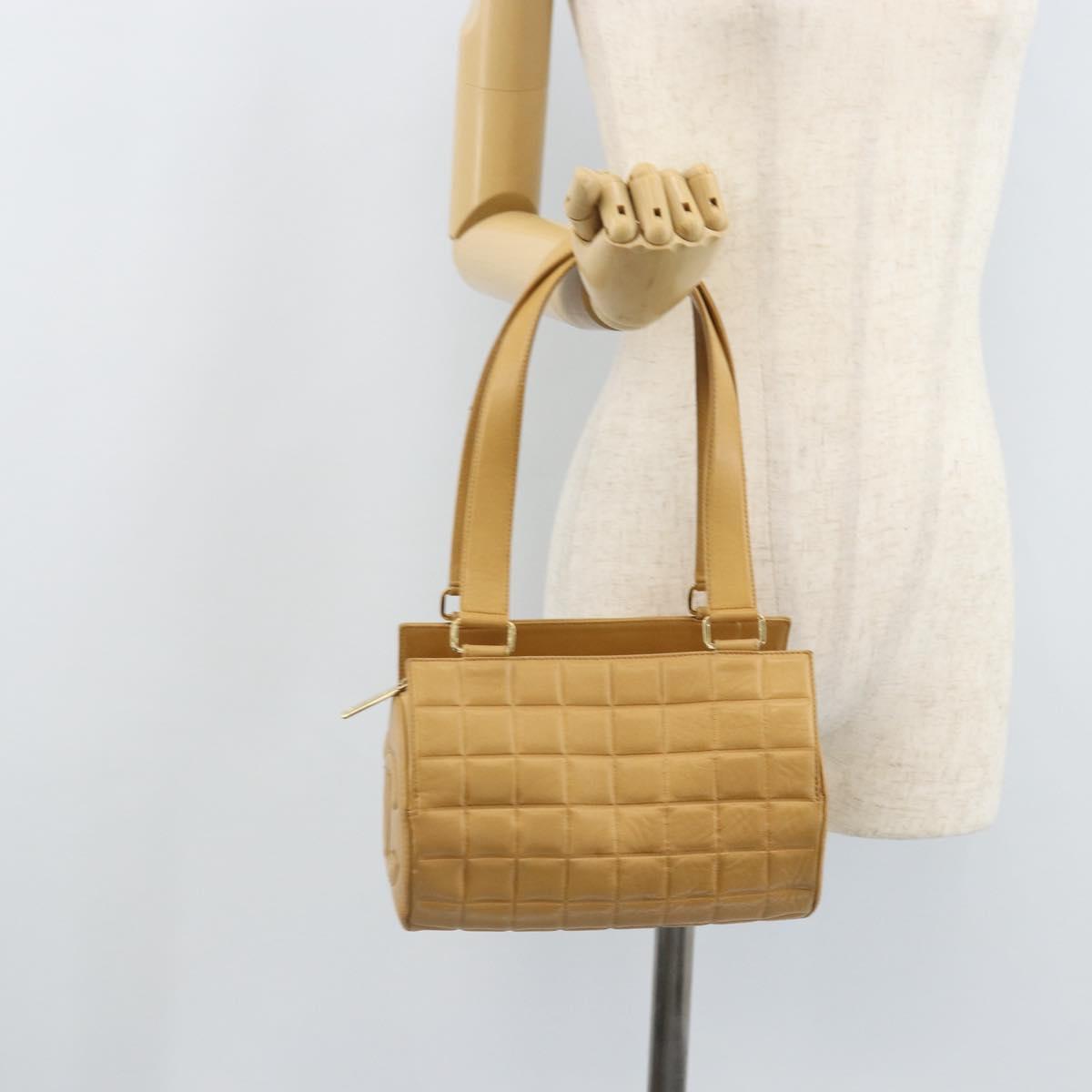 CHANEL Choco Bar Hand Bag Lamb Skin Beige Gold CC Auth ka3506