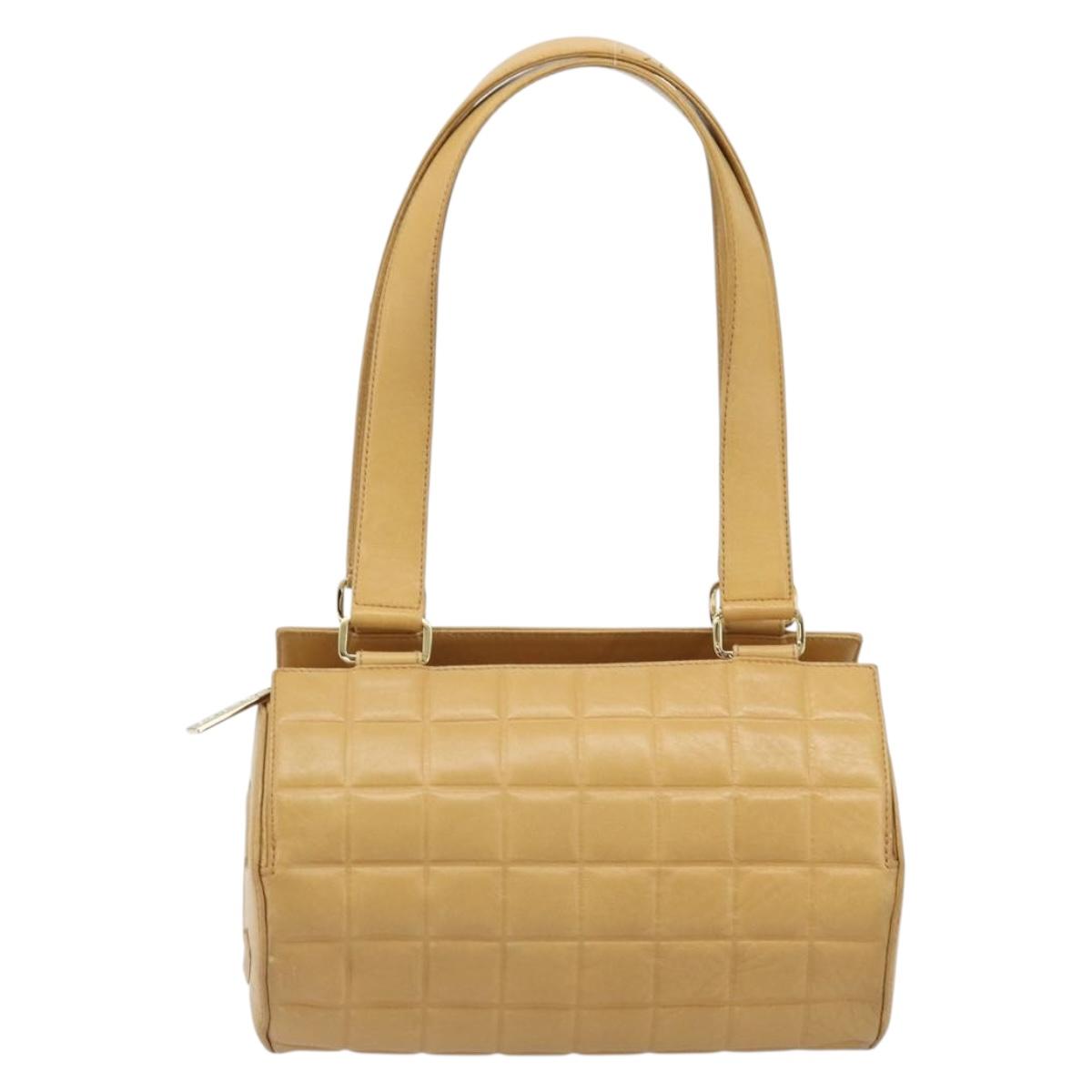 CHANEL Choco Bar Hand Bag Lamb Skin Beige Gold CC Auth ka3506