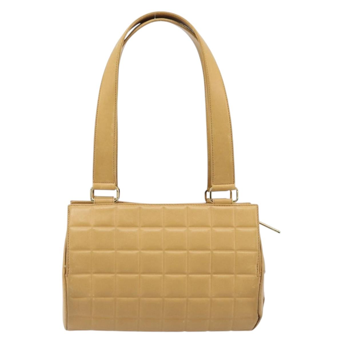 CHANEL Choco Bar Hand Bag Lamb Skin Beige Gold CC Auth ka3506