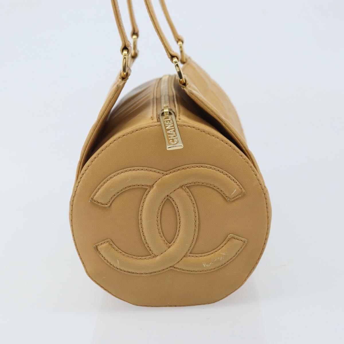 CHANEL Choco Bar Hand Bag Lamb Skin Beige Gold CC Auth ka3506