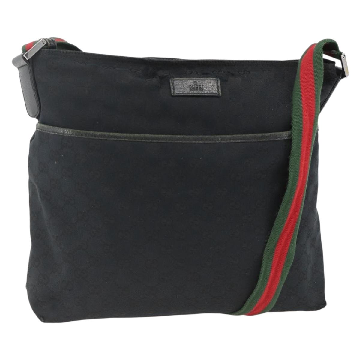 GUCCI GG Canvas Web Sherry Line Shoulder Bag Black Silver Red 189751 Auth ka3511