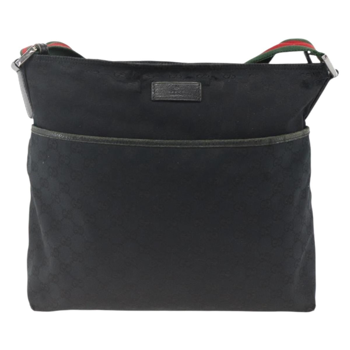 GUCCI GG Canvas Web Sherry Line Shoulder Bag Black Silver Red 189751 Auth ka3511