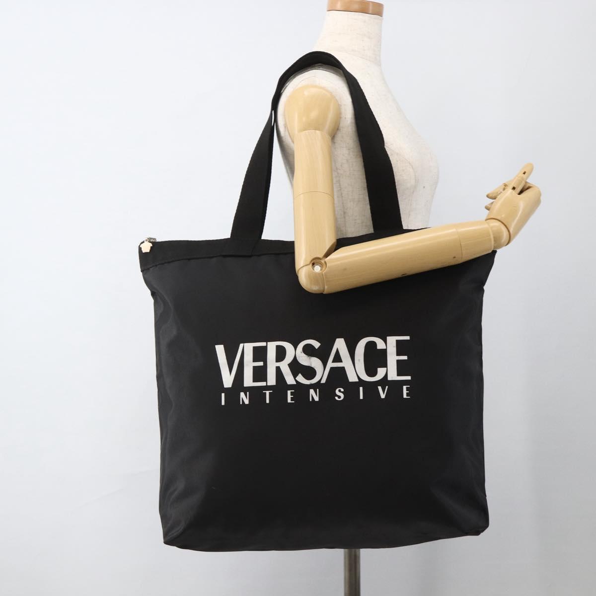 VERSACE Tote Bag Nylon Black Silver Auth ka3538