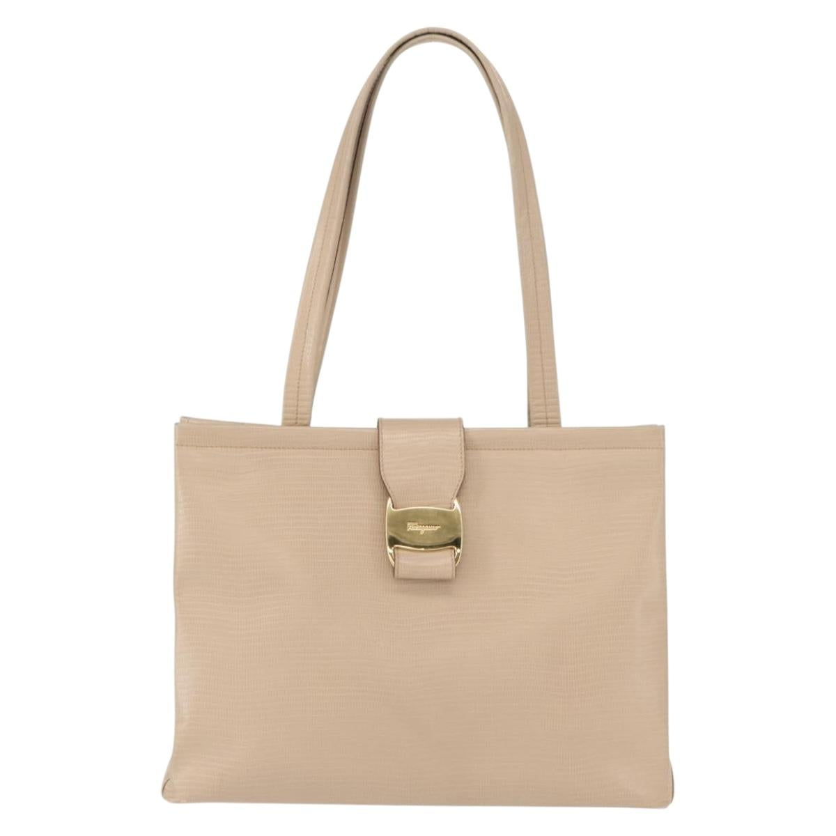 Salvatore Ferragamo Shoulder Bag Leather Beige Gold Auth ka355