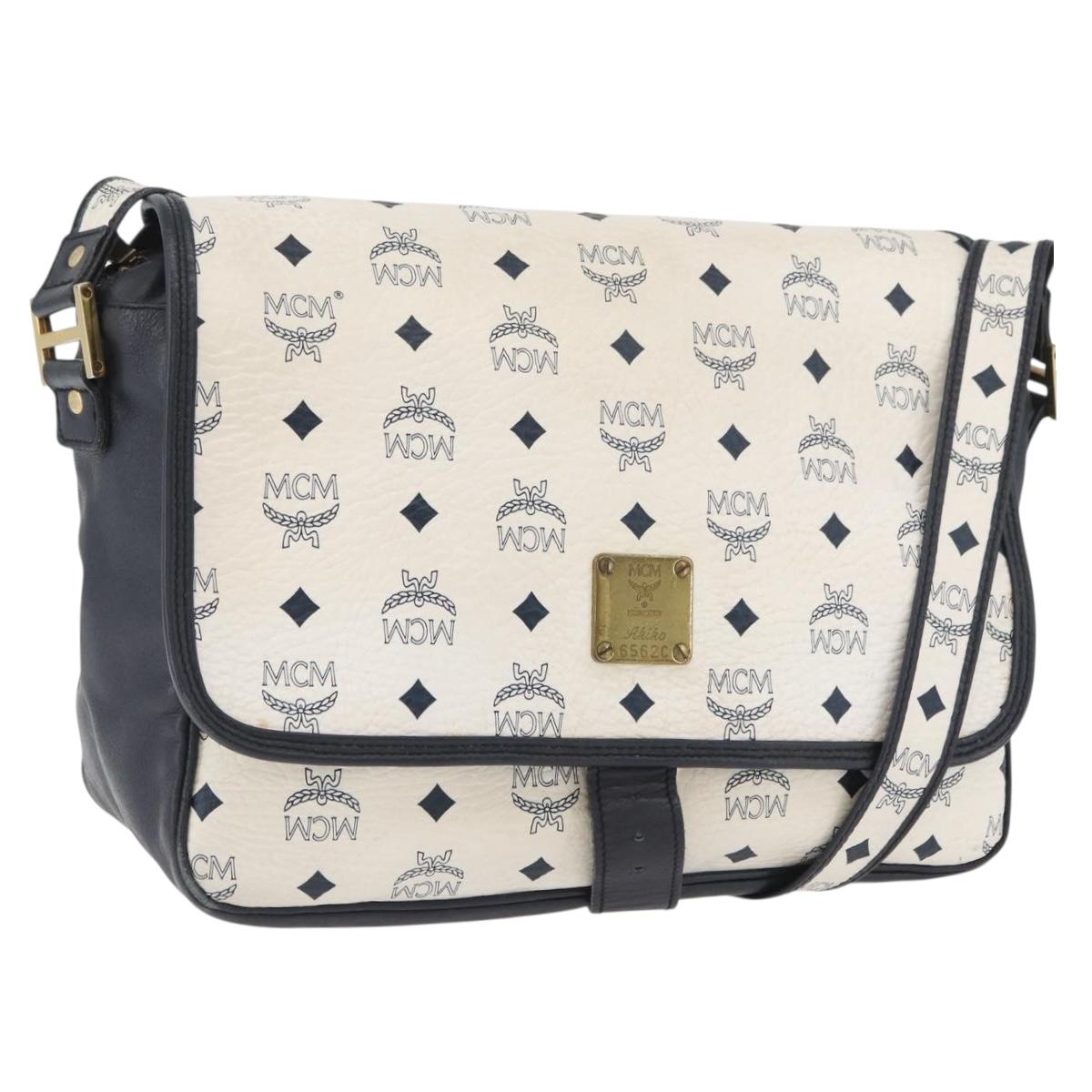 MCM Vicetos Logogram Shoulder Bag PVC Leather White Gold Auth ka3568