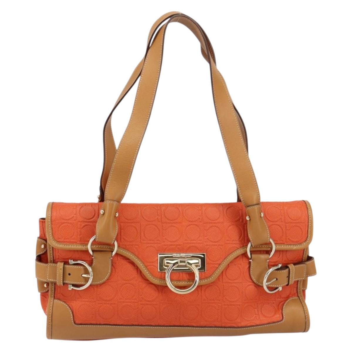 Salvatore Ferragamo Gancini Shoulder Bag PVC Leather Orange Gold Auth ka357