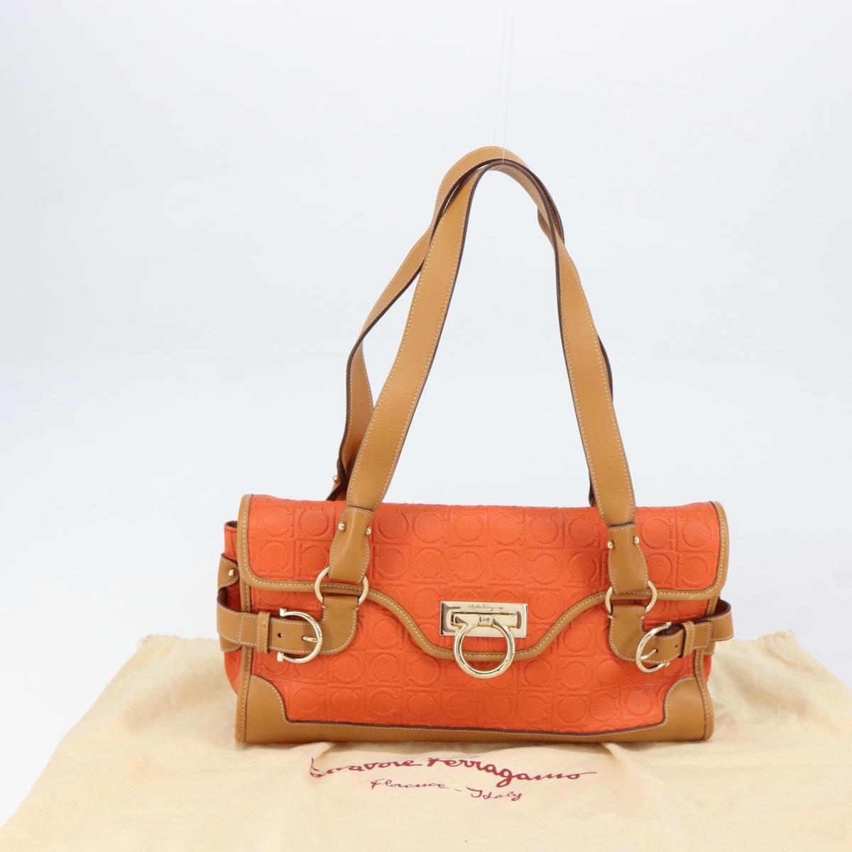 Salvatore Ferragamo Gancini Shoulder Bag PVC Leather Orange Gold Auth ka357