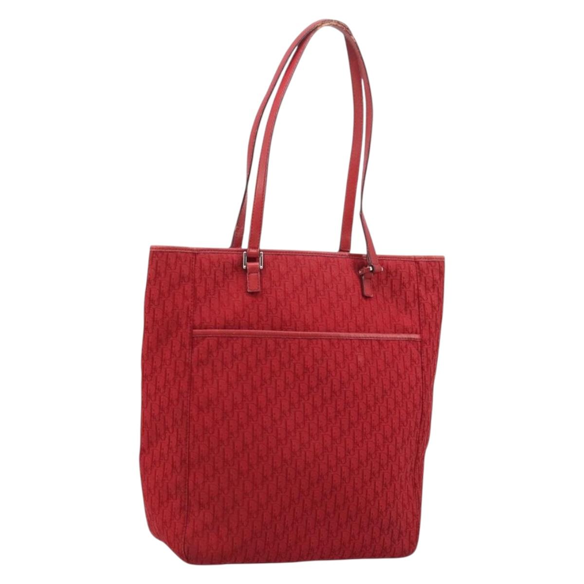 Christian Dior Trotter Canvas Tote Bag Red Silver Auth ka3572