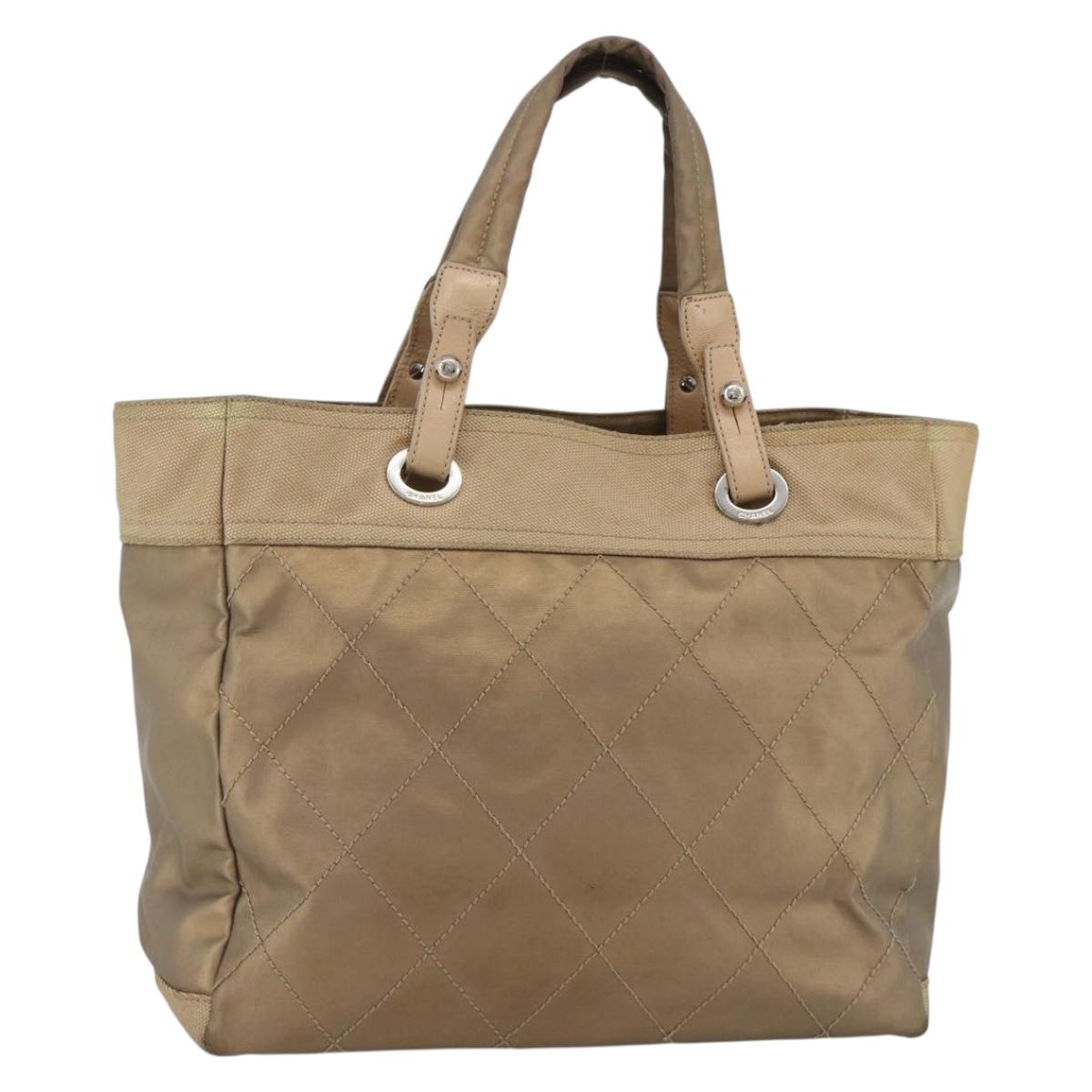 CHANEL Paris Biarritz GM Tote Bag Coated Canvas Gold Silver CC Auth ka3625