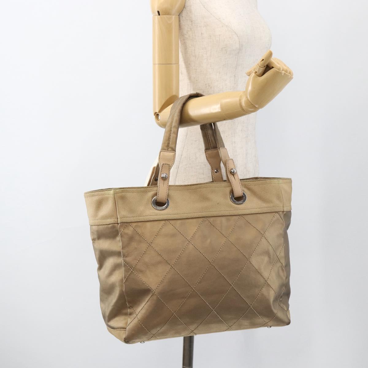 CHANEL Paris Biarritz GM Tote Bag Coated Canvas Gold Silver CC Auth ka3625