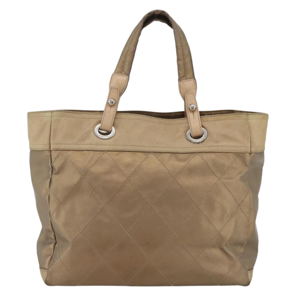 CHANEL Paris Biarritz GM Tote Bag Coated Canvas Gold Silver CC Auth ka3625