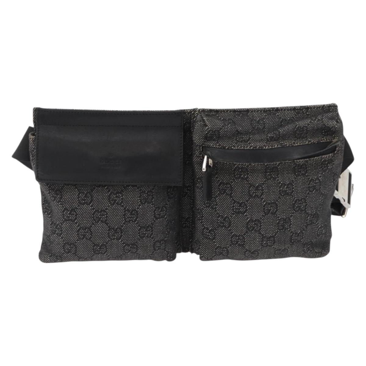 GUCCI GG Canvas Waist bag Black Silver 28556 Auth ka3628