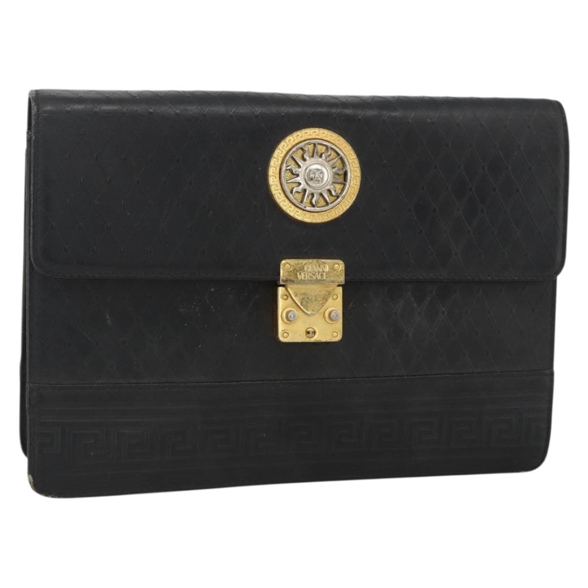 Gianni Versace Clutch Bag Leather Black Gold Auth ka3655