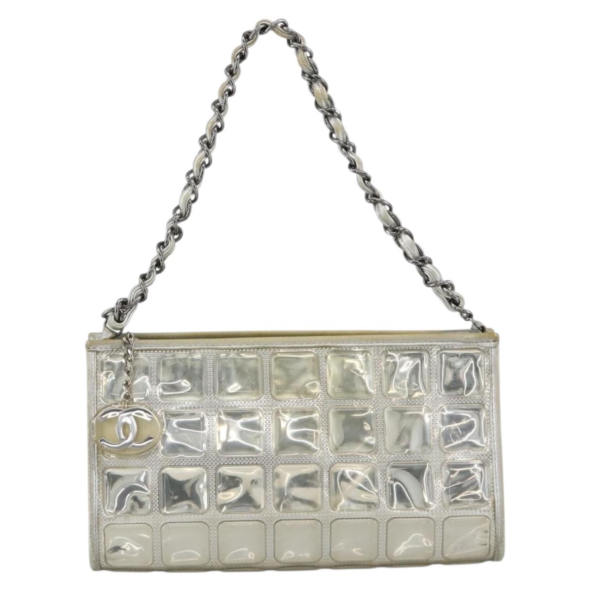 CHANEL Ice Cube Chain Shoulder Bag Vinyl Silver CC Auth ka3671
