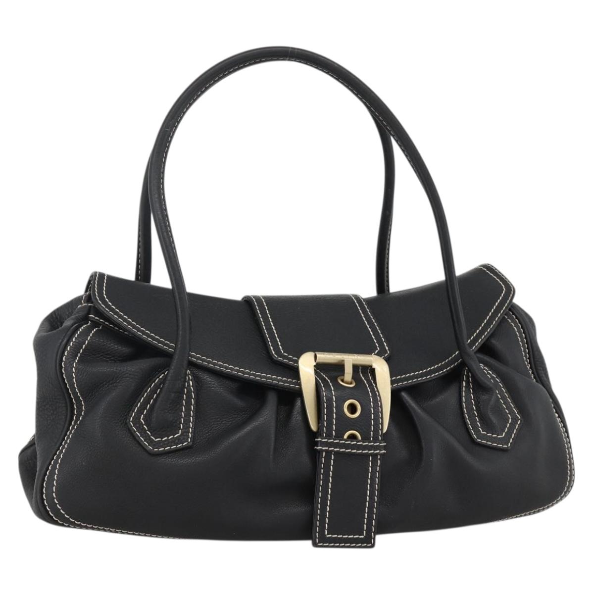 CELINE Hand Bag Leather Black Gold Auth ka3758