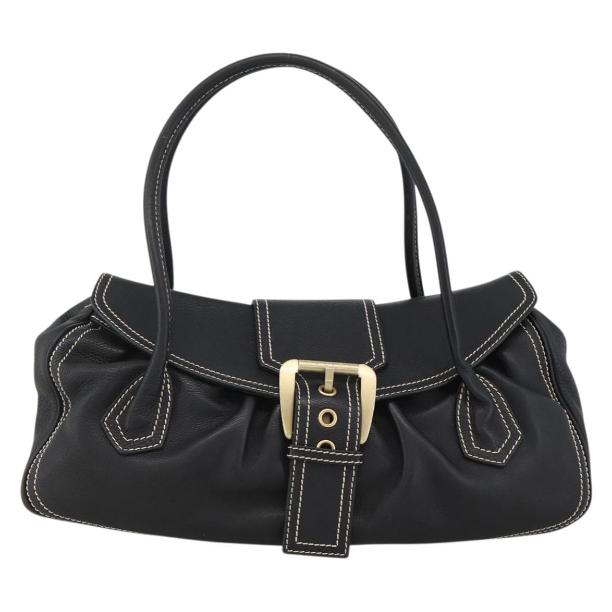 CELINE Hand Bag Leather Black Gold Auth ka3758