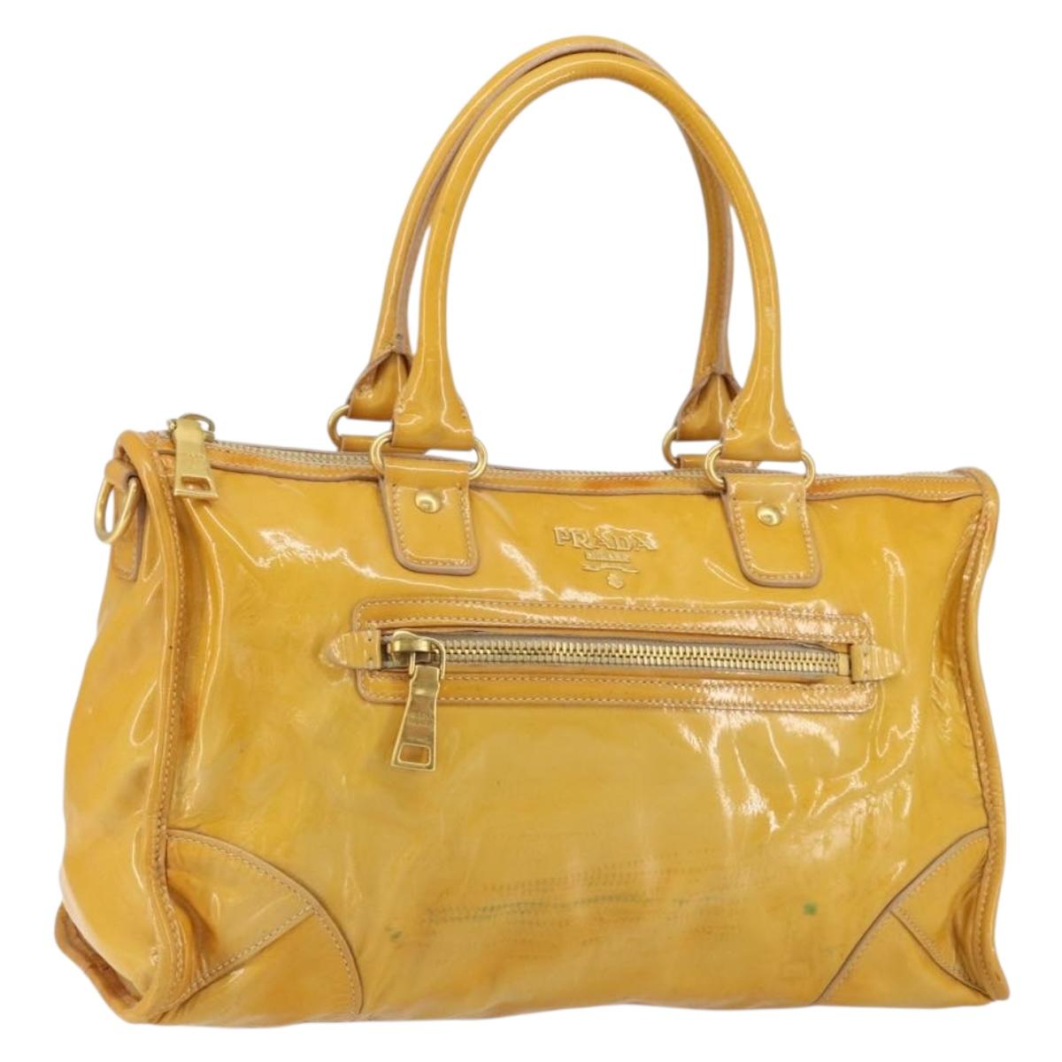 PRADA Hand Bag Patent leather Yellow Gold Auth ka377