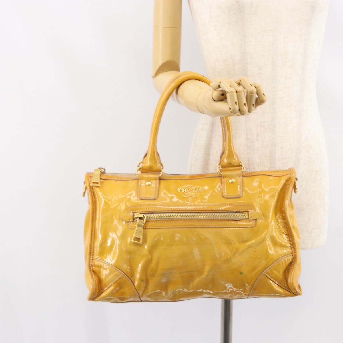 PRADA Hand Bag Patent leather Yellow Gold Auth ka377