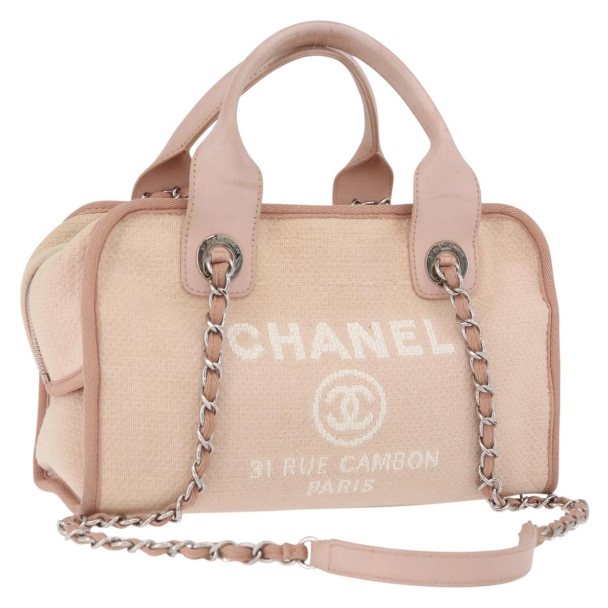 CHANEL Deauville line Chain Bowling bag Bag Canvas Beige Silver CC Auth ka3775V