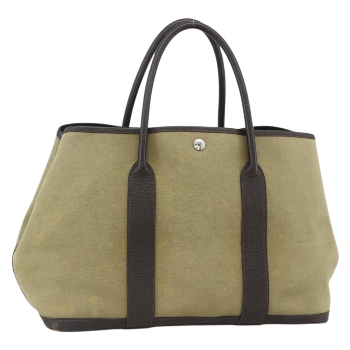 HERMES Garden Party PM Hand Bag Canvas Khaki Silver Auth ka3834A
