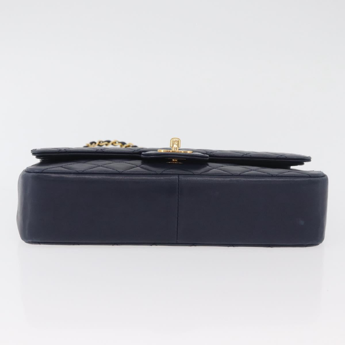 CHANEL Matelasse 25 Double Flap Chain Bag Lamb Skin Navy Gold CC Auth ka3835V