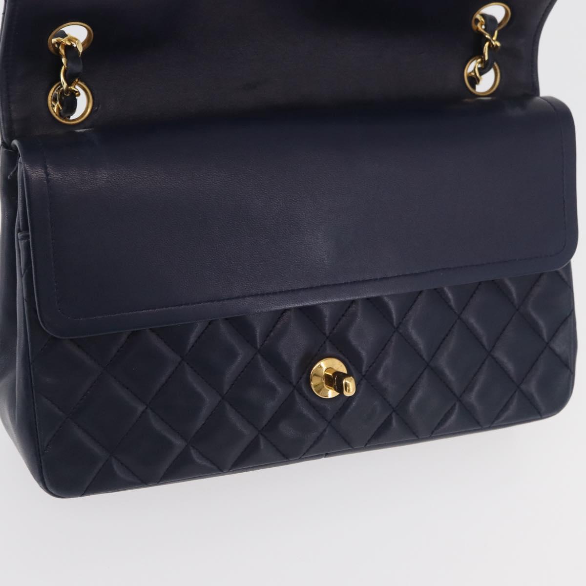 CHANEL Matelasse 25 Double Flap Chain Bag Lamb Skin Navy Gold CC Auth ka3835V