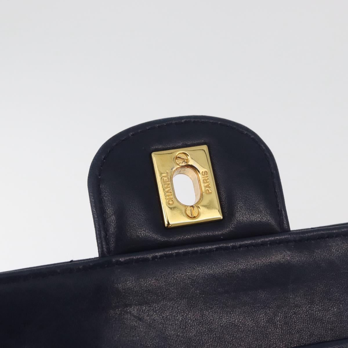 CHANEL Matelasse 25 Double Flap Chain Bag Lamb Skin Navy Gold CC Auth ka3835V