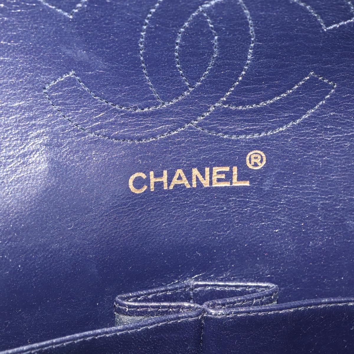 CHANEL Matelasse 25 Double Flap Chain Bag Lamb Skin Navy Gold CC Auth ka3835V