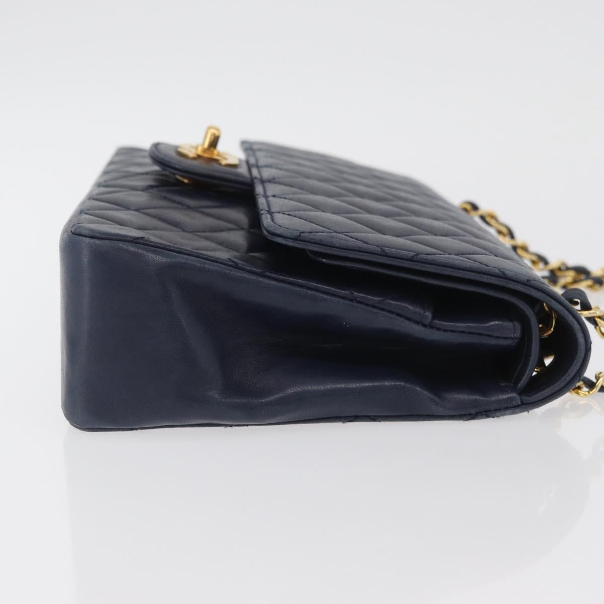 CHANEL Matelasse 25 Double Flap Chain Bag Lamb Skin Navy Gold CC Auth ka3835V