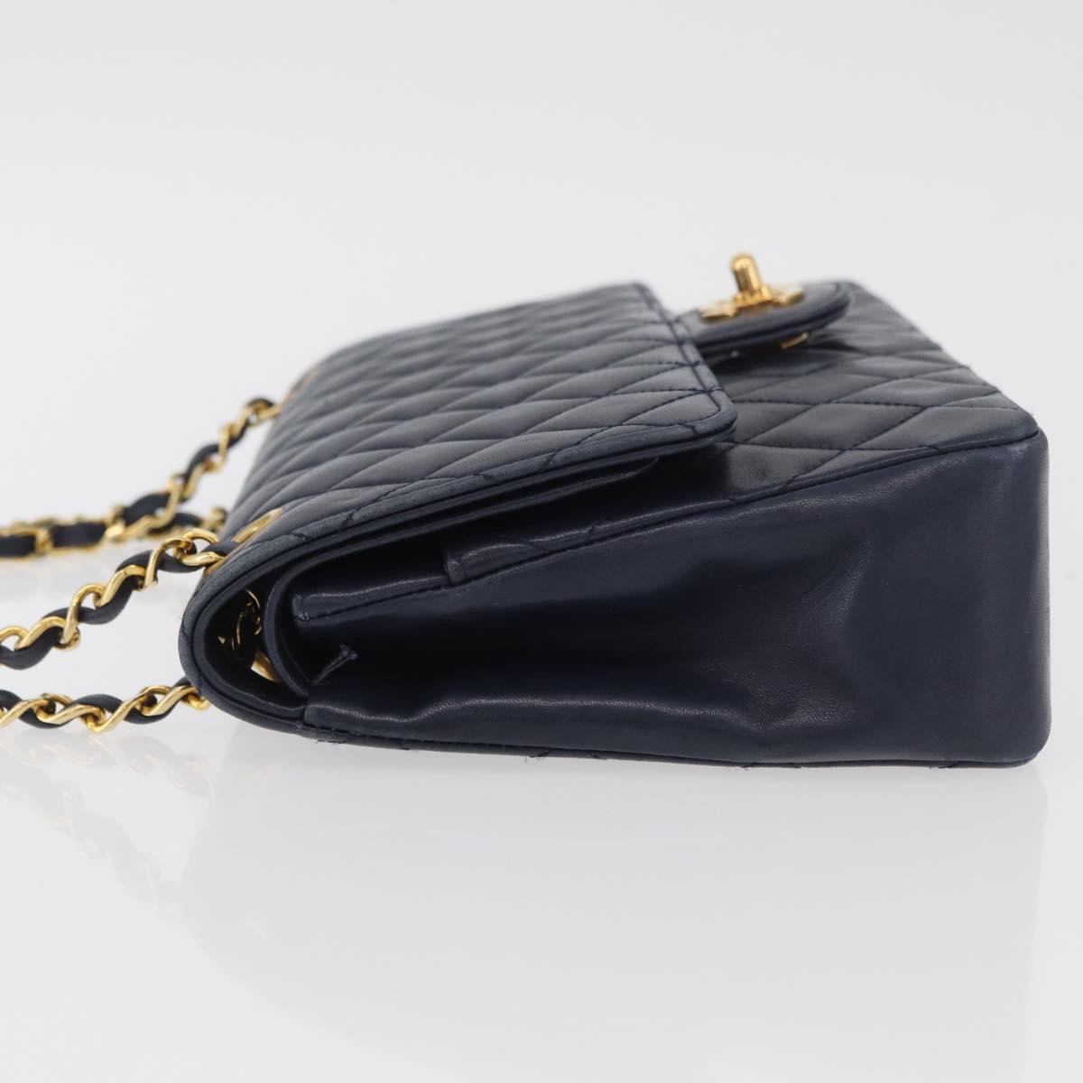 CHANEL Matelasse 25 Double Flap Chain Bag Lamb Skin Navy Gold CC Auth ka3835V