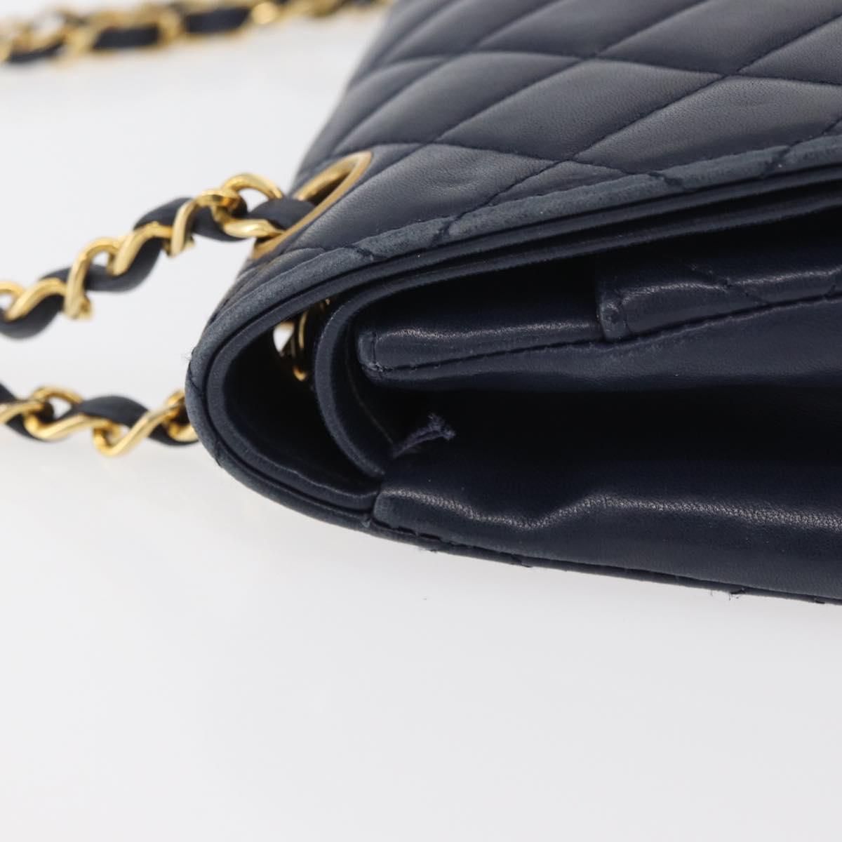 CHANEL Matelasse 25 Double Flap Chain Bag Lamb Skin Navy Gold CC Auth ka3835V
