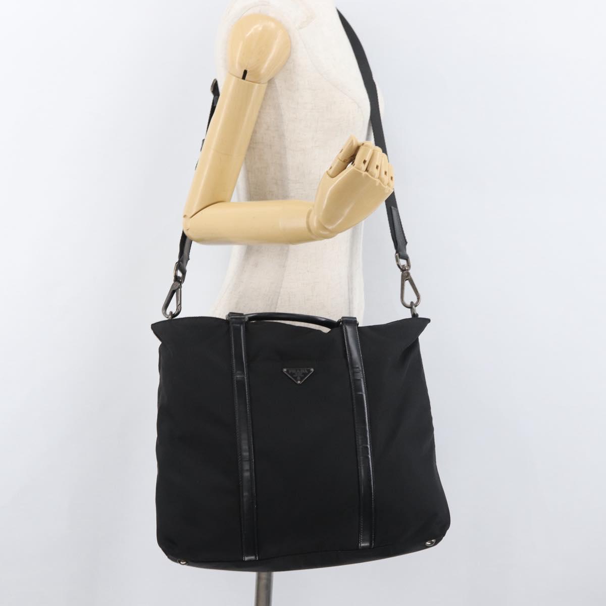 PRADA Hand Bag Nylon Leather 2way Black Silver Auth ka3854