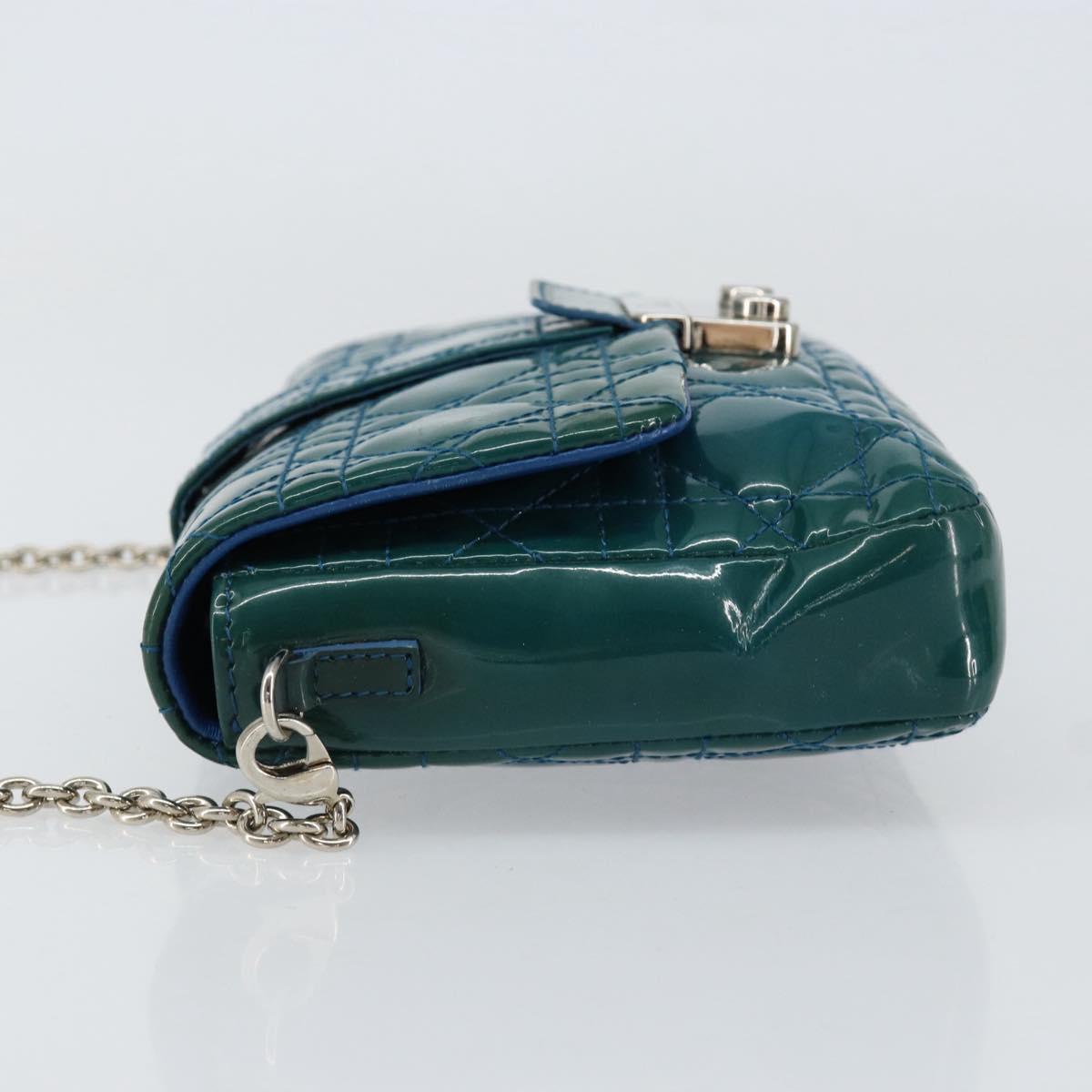 Christian Dior Canage Chain Shoulder Bag Patent leather Blue Silver Auth ka386