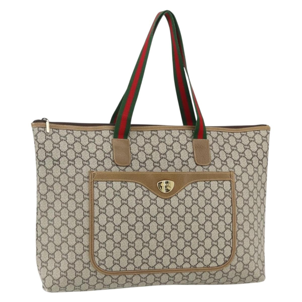 GUCCI GG Plus Supreme Web Sherry Line Tote Bag PVC Beige Red Auth ka3941