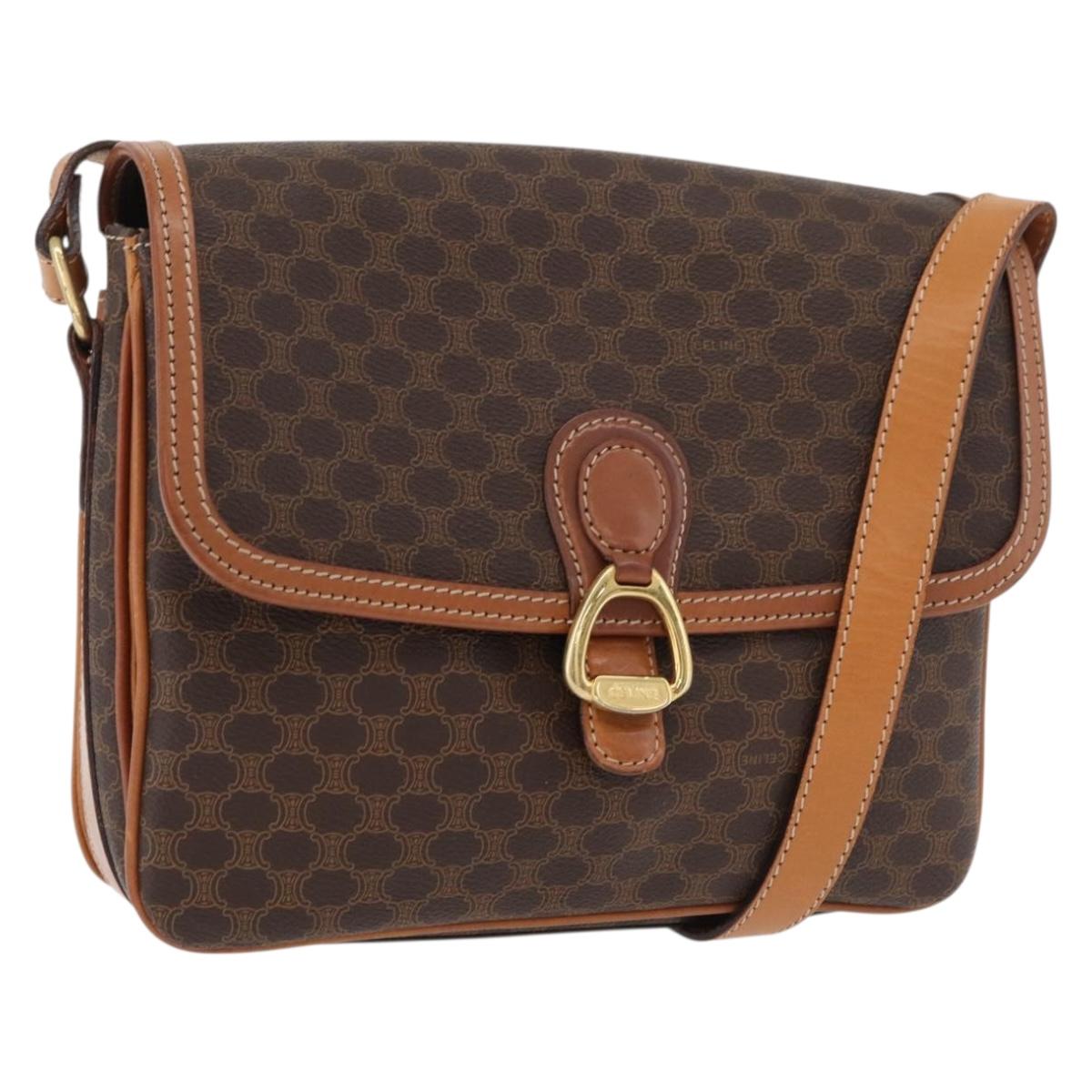 CELINE Macadam Canvas Shoulder Bag PVC Leather Brown Gold Auth ka3953