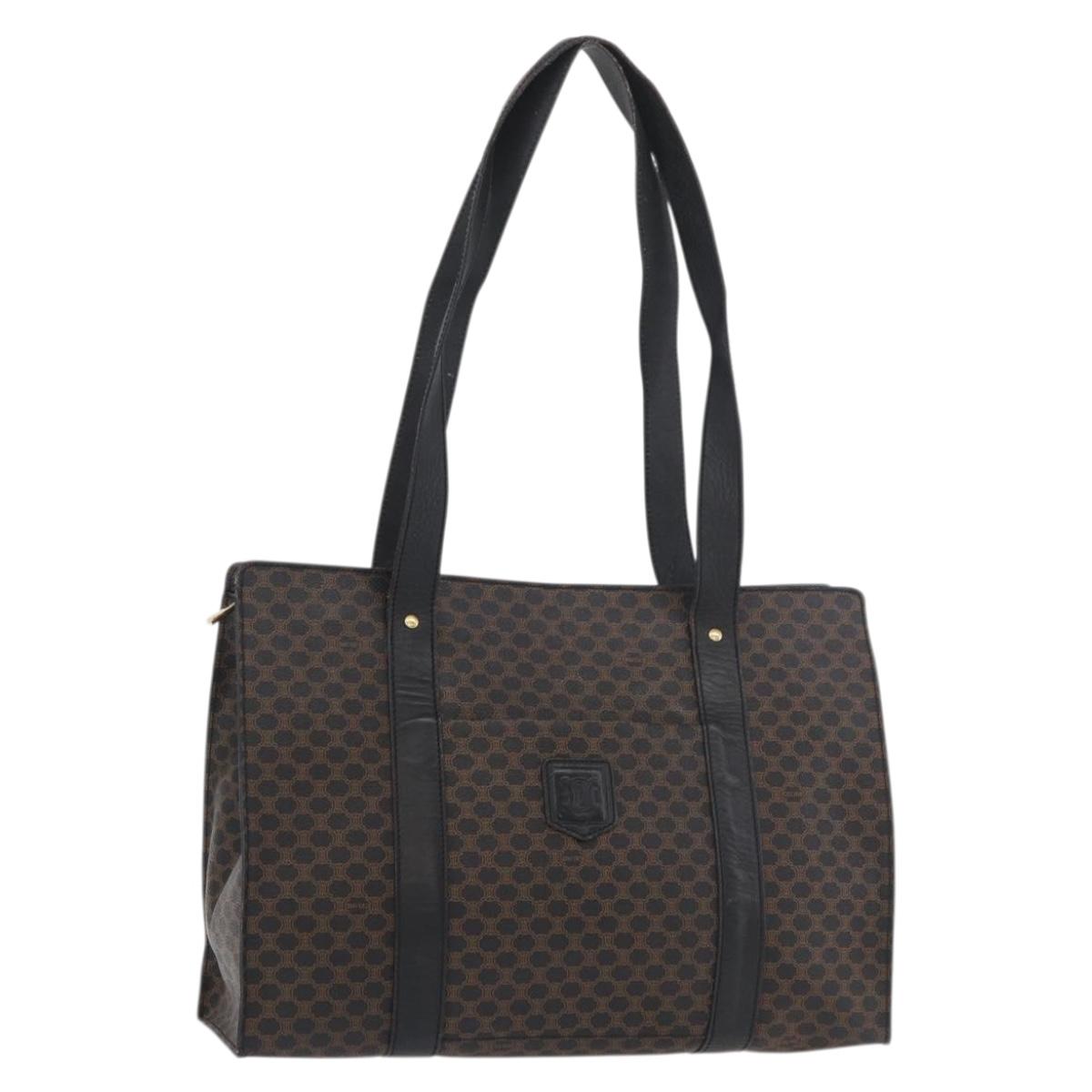 CELINE Macadam Canvas Tote Bag PVC Leather Black Gold Auth ka3968