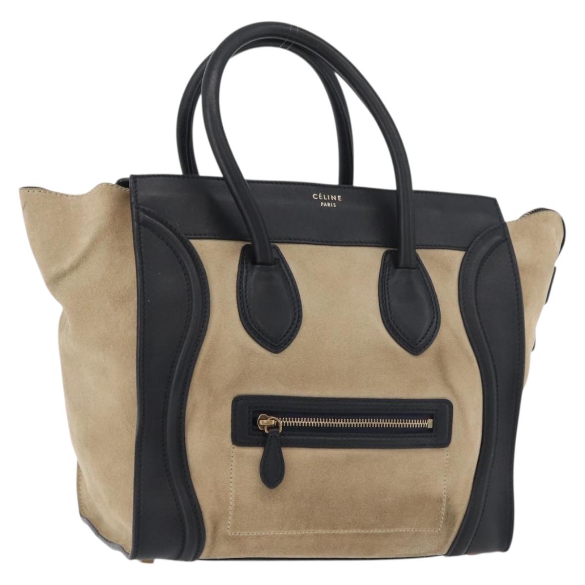 CELINE Luggage Medium Hand Bag Suede Leather Beige Gold black Auth ka3972A